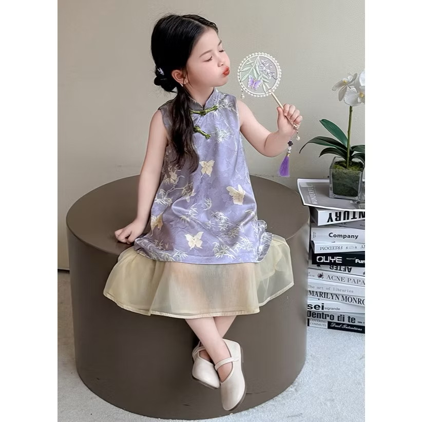 Váy Cách Tân Cổ Tàu Dáng Suông Họa Tiết Bướm Tím 1-8 Tuổi Dành Cho Bé Gái