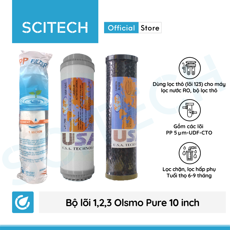 Bộ lõi số 1,2,3 Olsmo Pure 10 inch by Scitech - Dùng cho máy lọc nước RO, bộ lọc thô - Hàng chính hãng