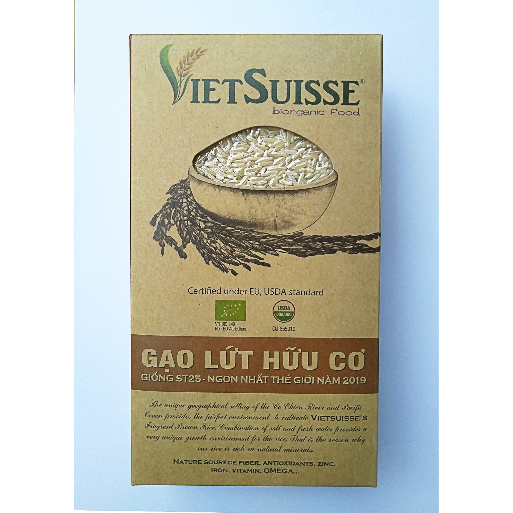 [ORGANIC] Gạo Lứt Hữu Cơ ST25 ( Lứt Nâu) Hộp 1kg - Vietsuisse biorganic food- Gạo lứt giảm cân, ăn kiêng - Cơm ngon mềm dẻo