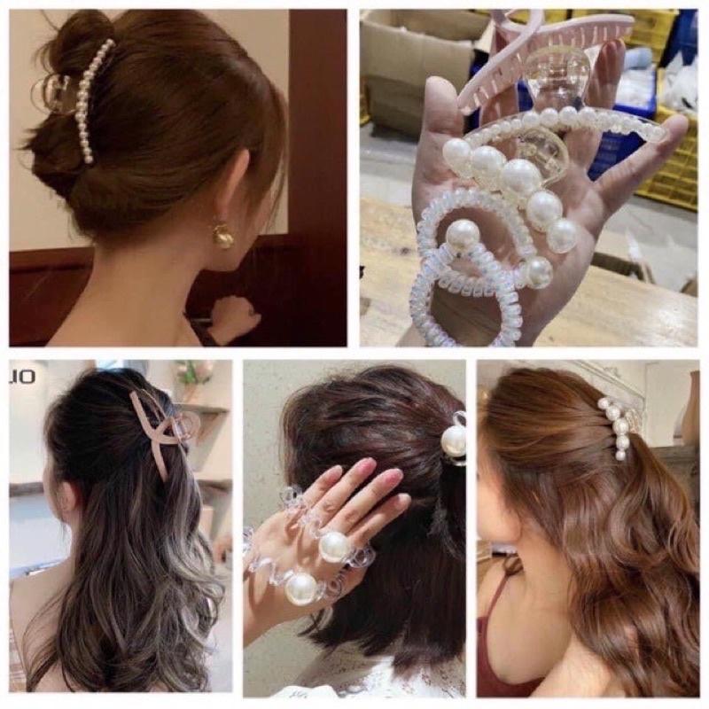Sét Kẹp Tóc Ngoạm Giả Ngọc Trai Kèm Dây Buộc 5 Chi Tiết Siêu Sang