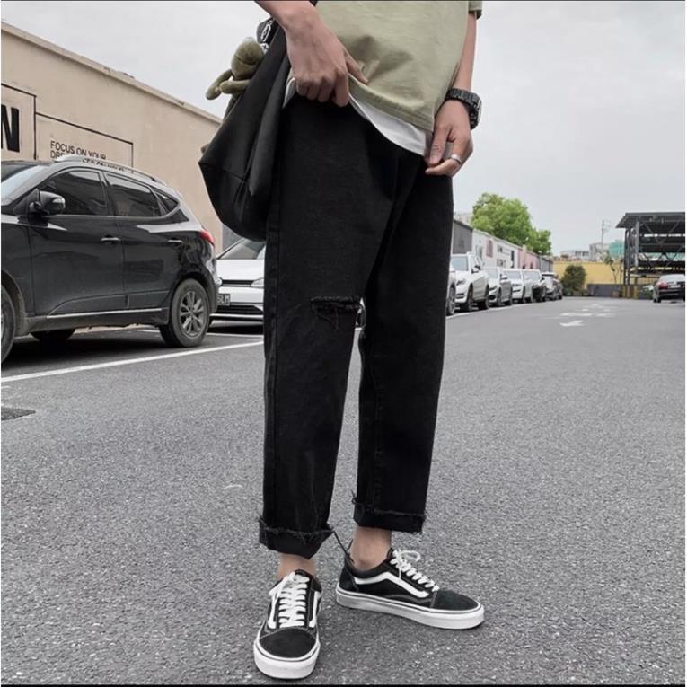 Quần jean baggy nam đen xanh rách gấu rách gối style hàn quốc 2022