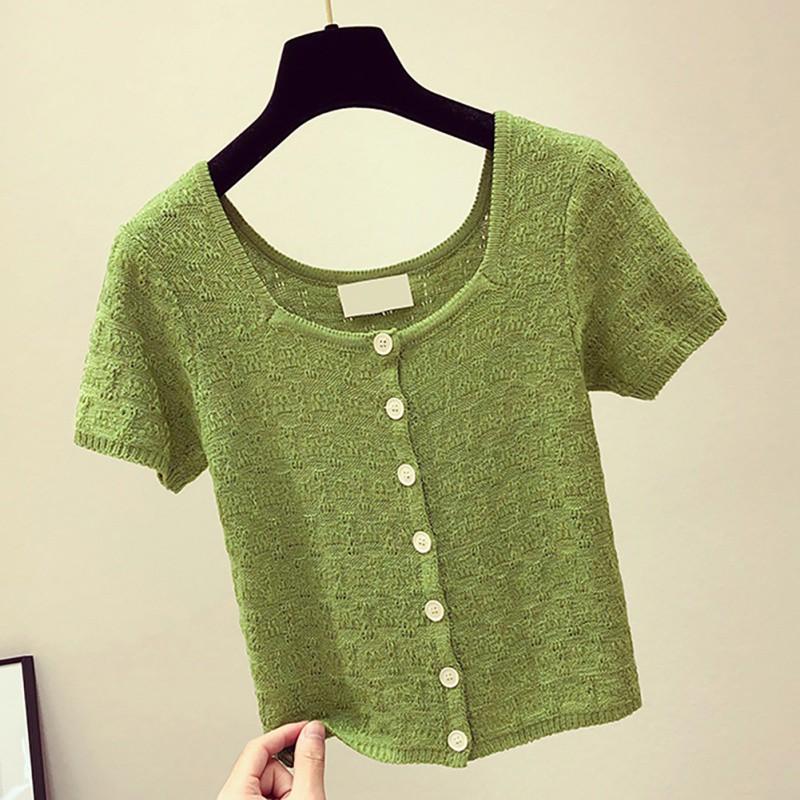 Áo thun dệt kim tay ngắn phối nút màu trơn cho phái nữ
