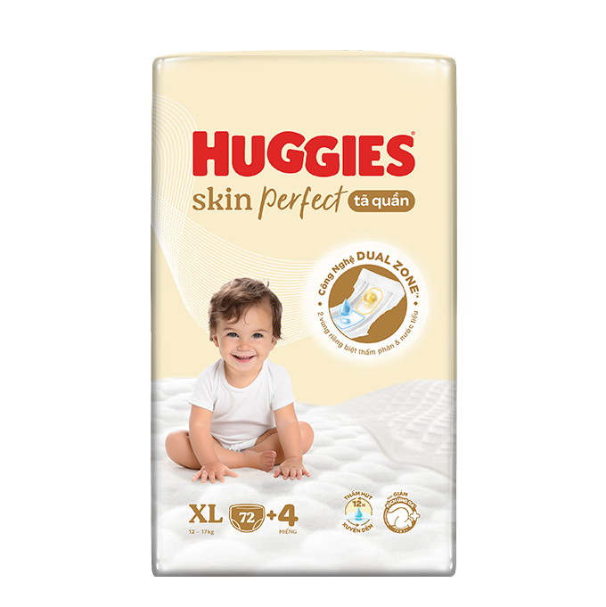 Tã quần Huggies Skin Perfect Mega Jumbo XL72+4 miếng với 2 vùng thấm giảm kích ứng da