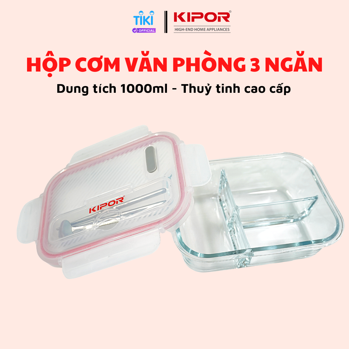 Hộp cơm văn phòng 3 ngăn KIPOR KP-G155 - Thuỷ tinh cao cấp, dùng được trong lò vi sóng - Kèm đũa thìa INOX an toàn- Hàng chính hãng