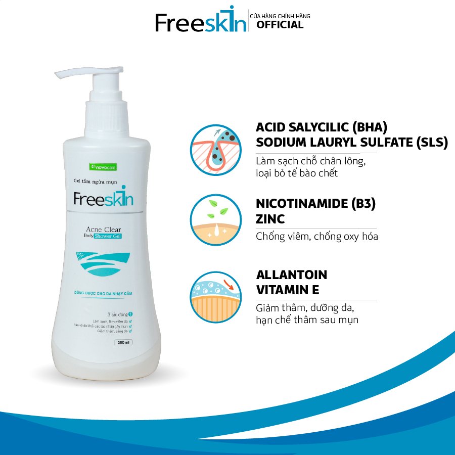 Gel Tắm Ngừa Mụn - FreeSkin 250ML - Thổi Bay Mụn, Dưỡng Sáng Da