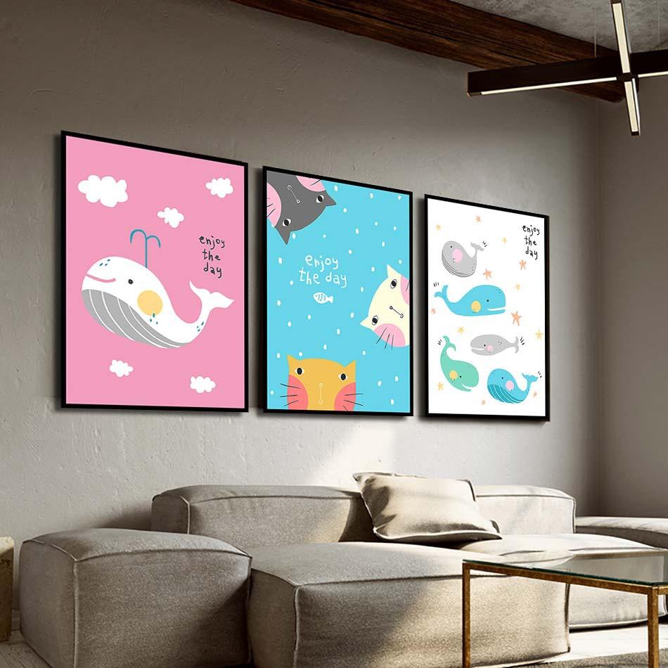 Bộ 3 tranh canvas treo tường Decor Cá và Mèo phong cách enjoy the day – DC095