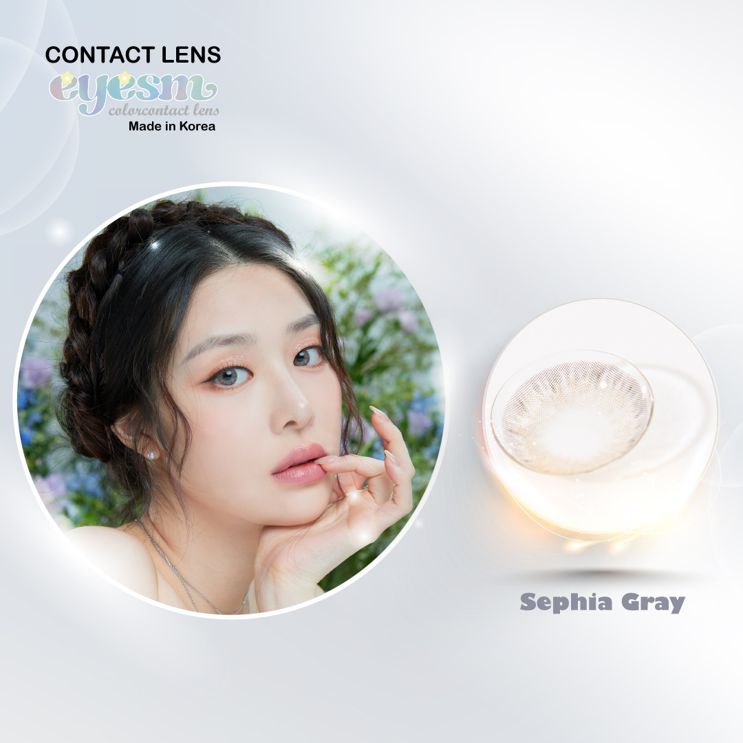 Kính áp tròng Eyesm Sephia Gray - Combo Lens màu xám - Full phụ kiện