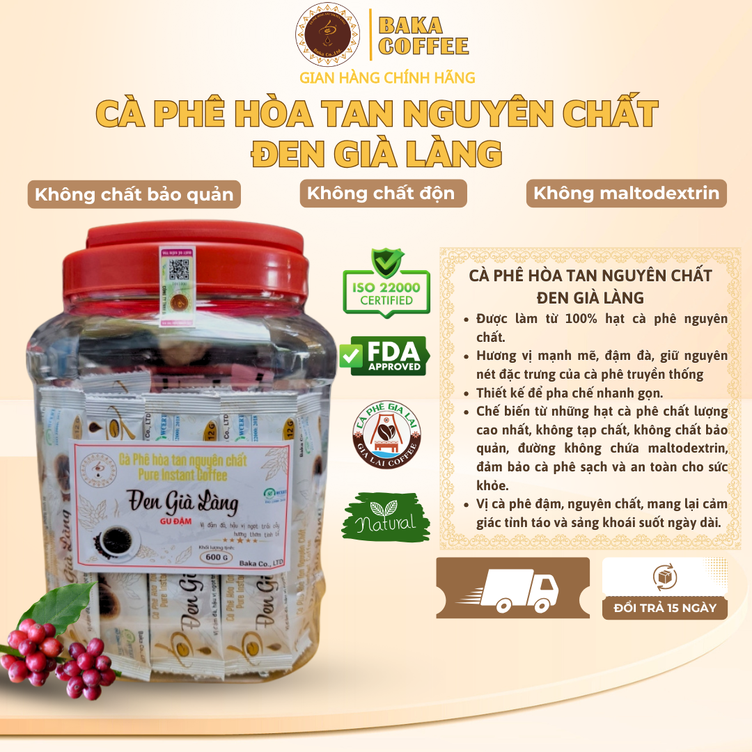 Cà Phê Hòa Tan Nguyên Chất ĐEN GIÀ LÀNG GU ĐẬM - Hũ