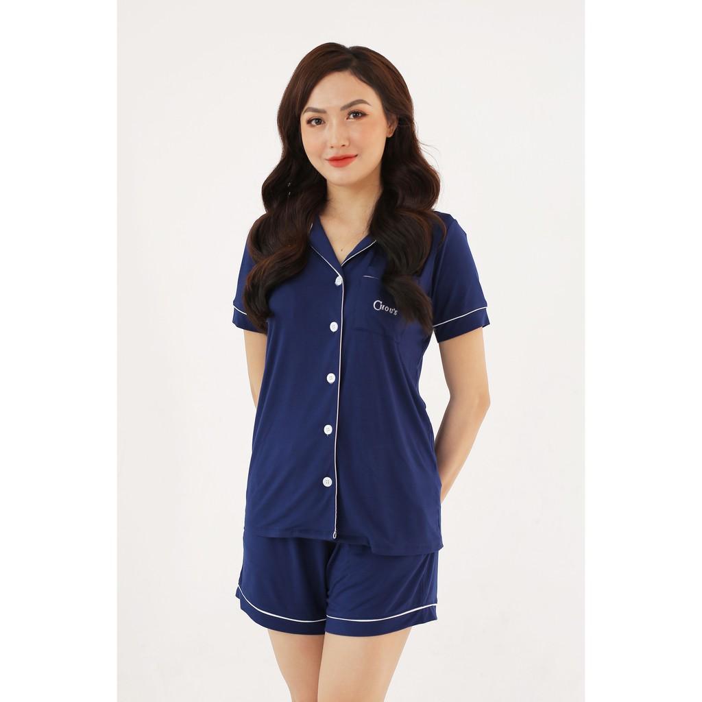 Pyjama nữ cộc tay vải bamboo tự cao cấp Chou's - màu xanh navy