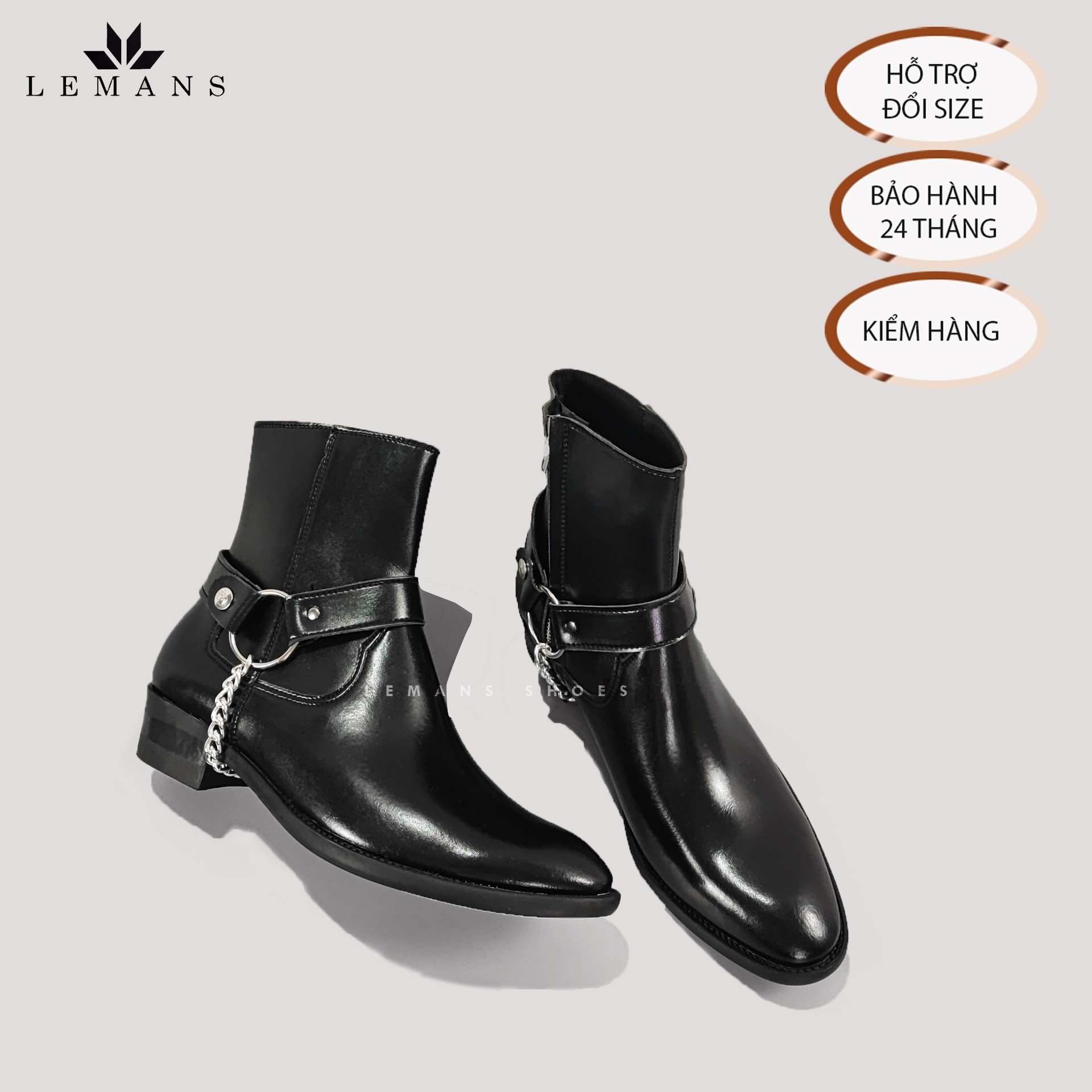 Giày da bò Zip Boots Black LeMans ZB01B, phối đai xích tạo thành 3 đôi Harness, bảo hành 24 tháng