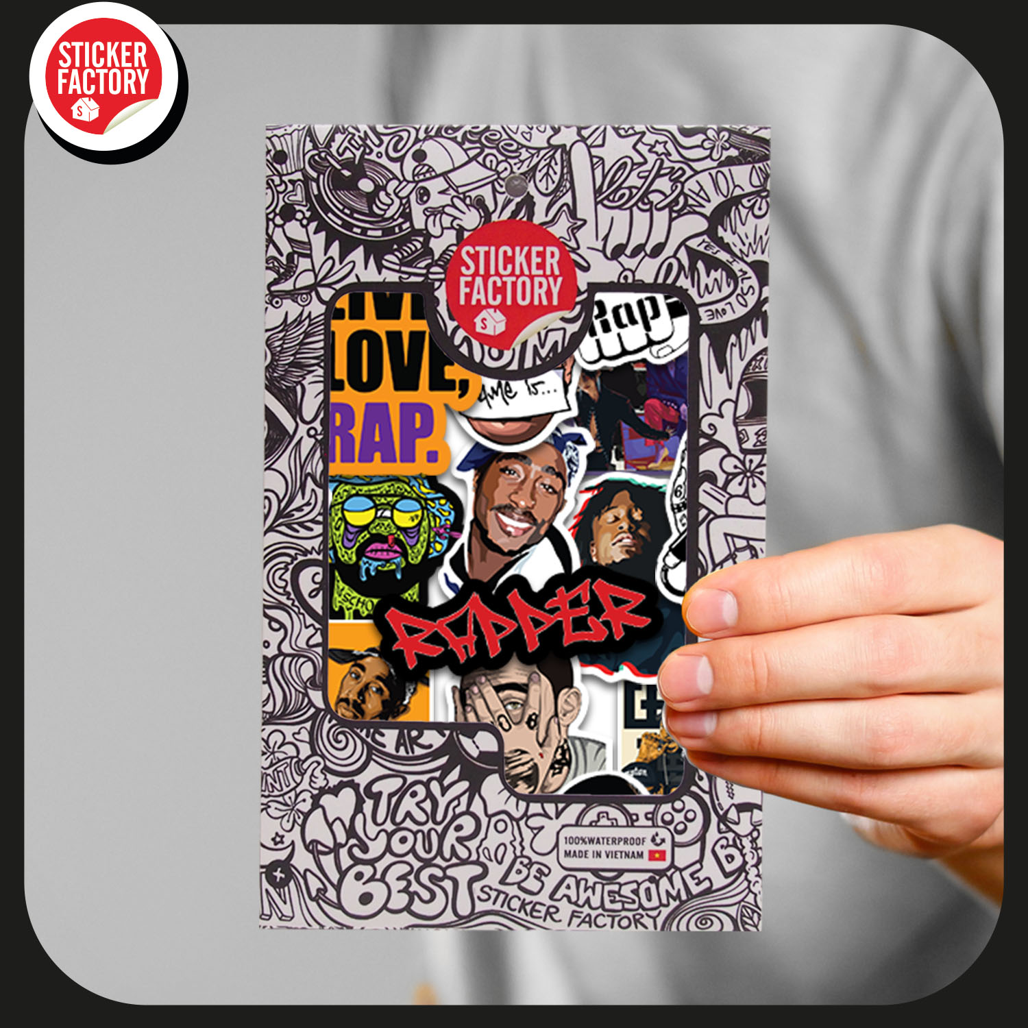 Rapper - Set 30 sticker decal hình dán nón bảo hiểm, laptop, xe máy, ô tô - STICKER FACTORY