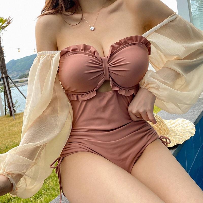 Bikini Đồ bơi liền mảnh công chúa tay bồng ren ánh kim màu hồng đất baby