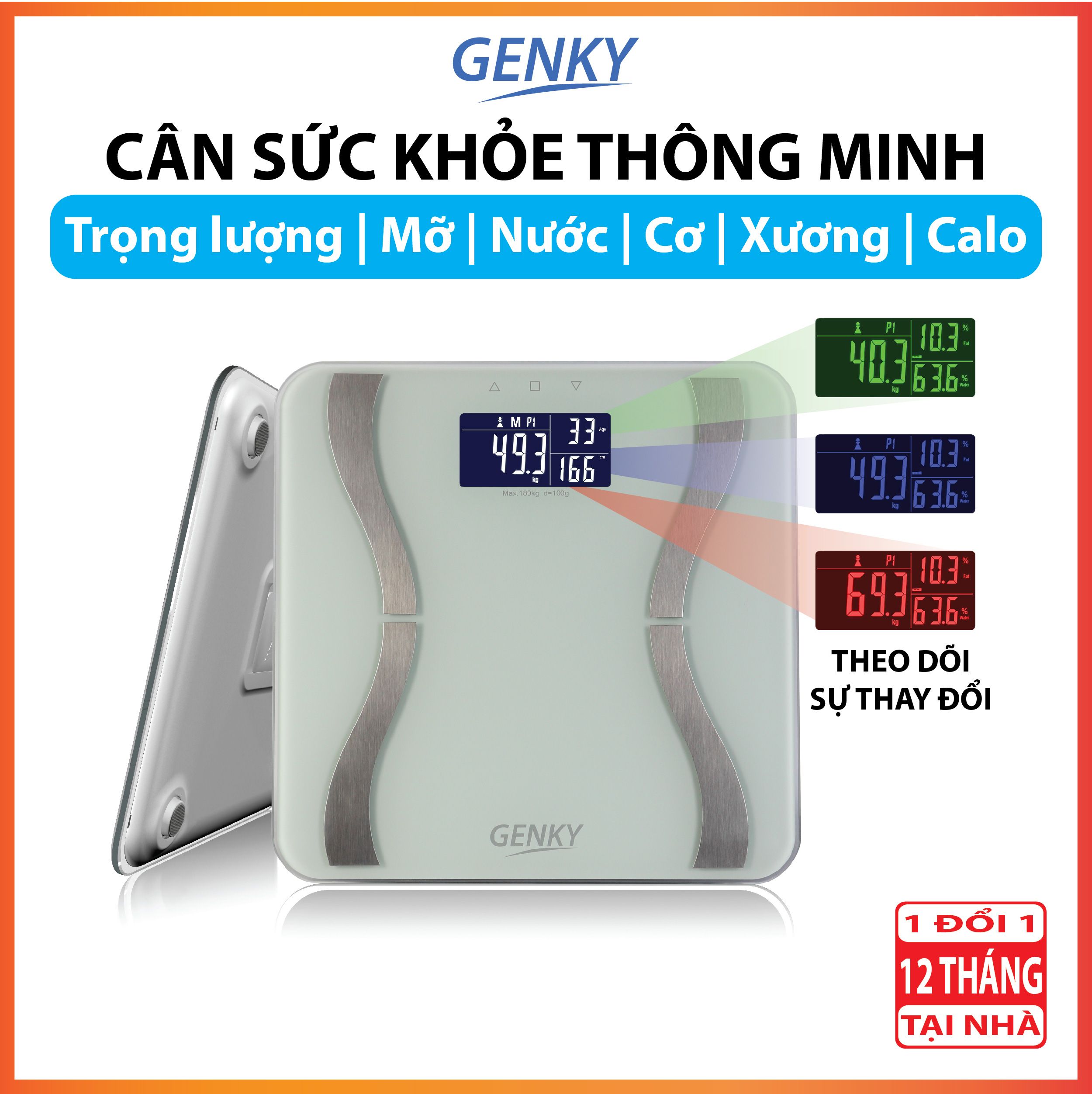 Cân sức khỏe điện tử thông minh Genky - phân tích cơ thể, theo dõi mỡ, cơ, nước, xương, calo, màn hình siêu rộng