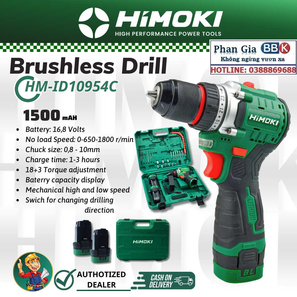 Máy Khoan Pin HIMOKI 16.8V - 3 Chức Năng - Khoan gỗ, Khoan tường - Motor 100% Dây Đồng - Bảo Hành 12 Tháng