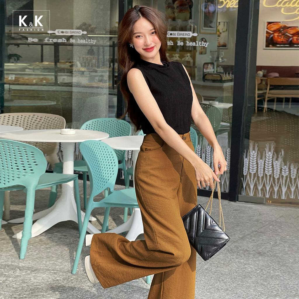 Quần công sở ống suông màu vàng nâu K&amp;K Fashion QCS04-23 Chất Liệu Tuytsi Xớ Gân