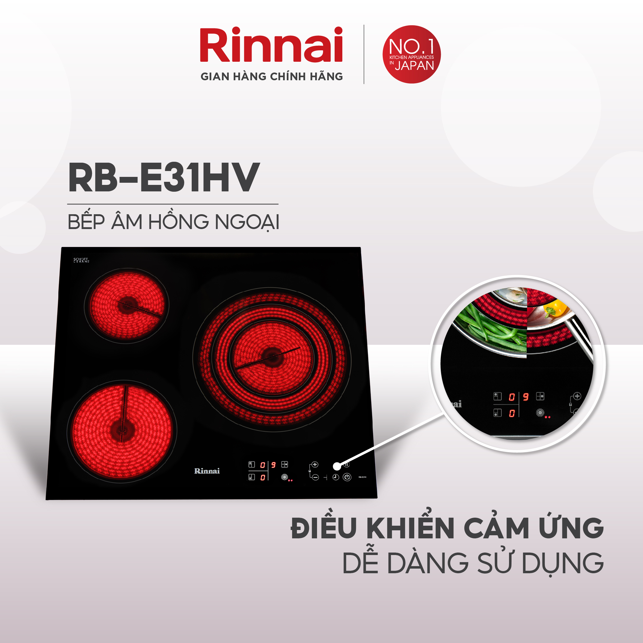 Bếp hồng ngoại Rinnai RB-E31HV mặt kính Schott 5200W - Hàng chính hãng.