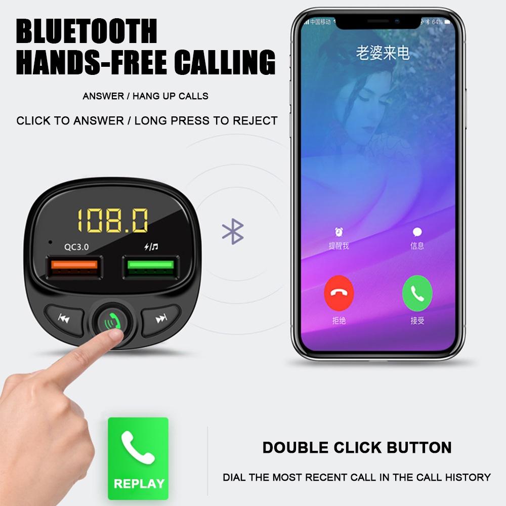 Tẩu sạc hai cổng USB Bluetooth 5.0 QC 3.0 có đèn LED hỗ trợ thẻ nhớ TF/ máy nghe nhạc MP3 rảnh tay cho xe hơi