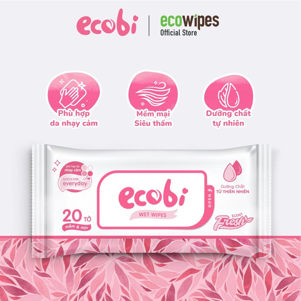 Combo 03 gói khăn giấy ướt cho bé Ecobi gói 20 tờ Hương Dịu Nhẹ không cồn không paraben an toàn cho da của bé