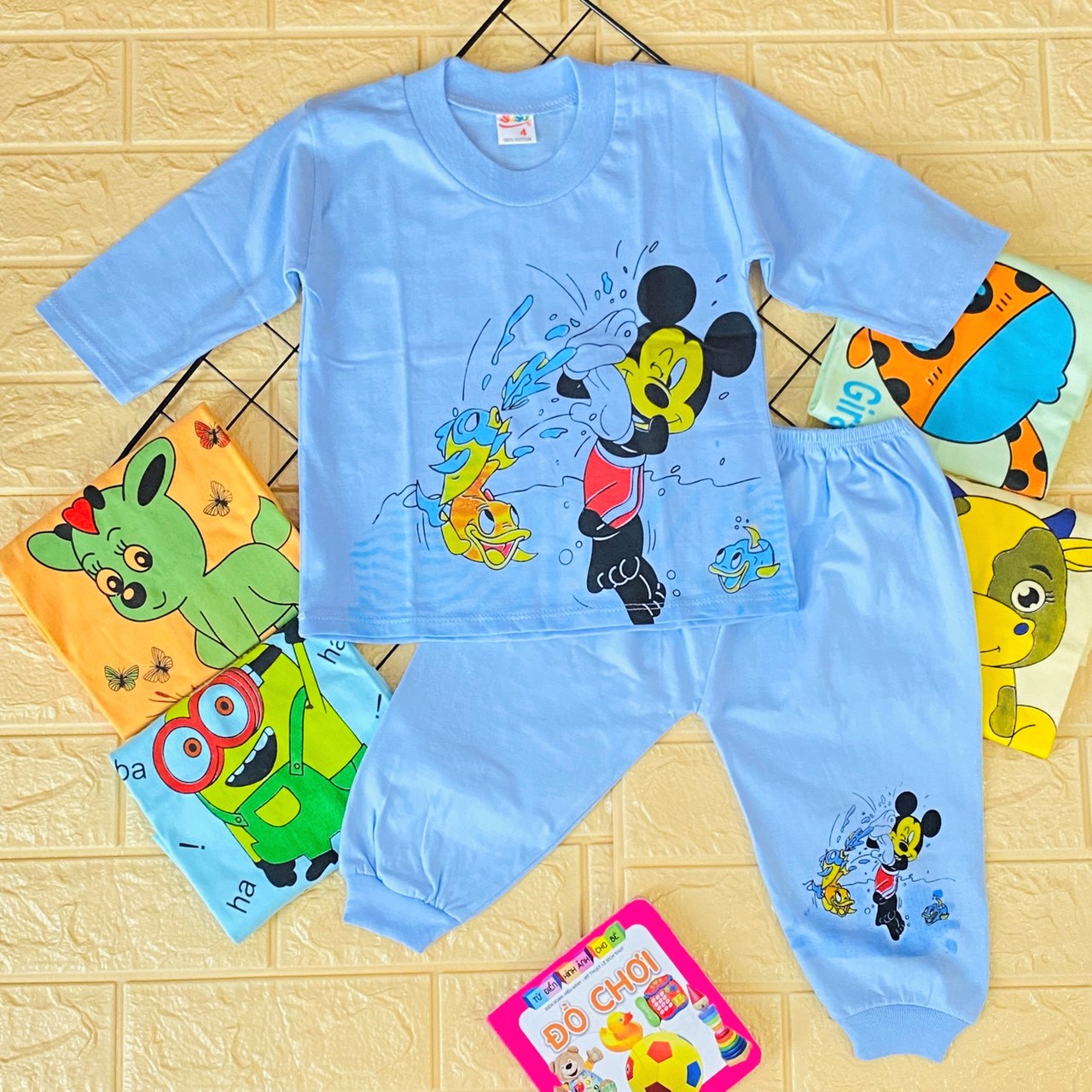 Bộ quần áo trẻ em cotton SS-FR GGY | Mẫu Dài Màu bo gấu | Size 1-8 cho bé 5-21kg