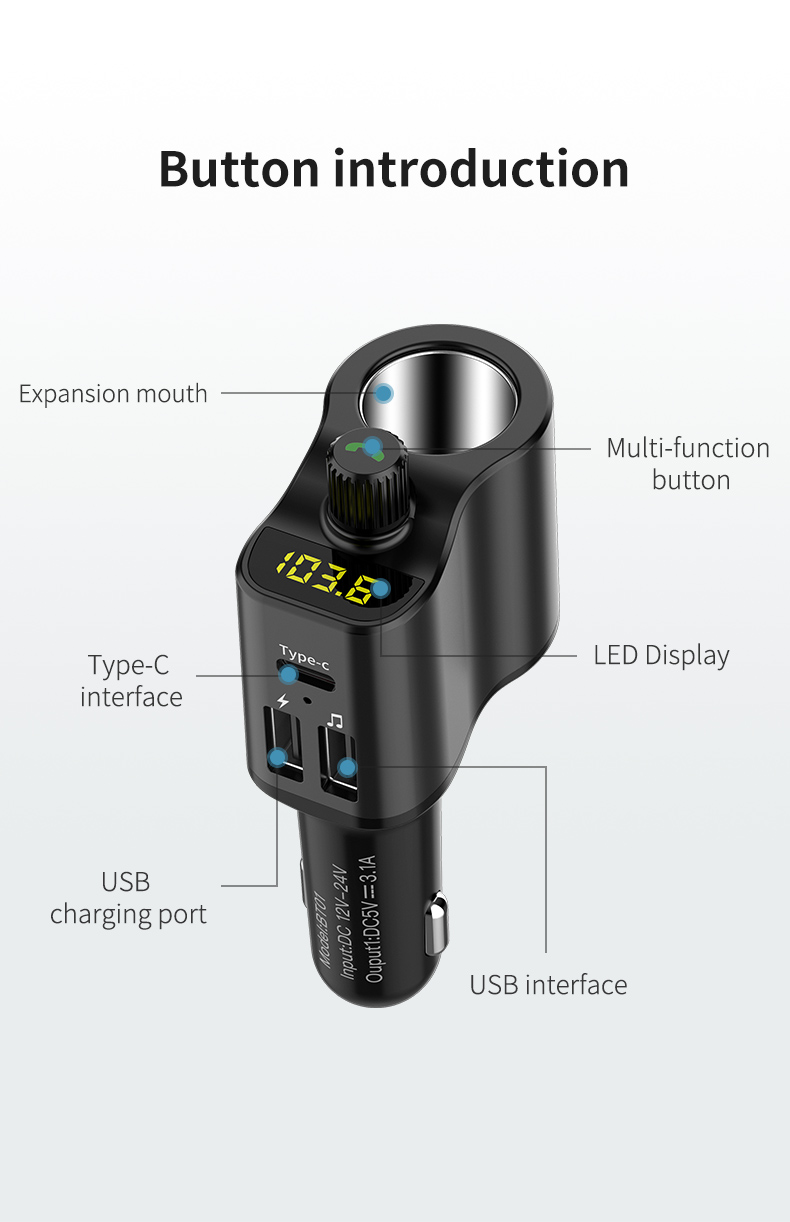 Bộ chia tẩu sạc ô tô RUNDONG BT01 | 1 cổng tẩu, 1 cổng Type-C, 2 cổng USB và 1 công tắc nghe gọi đàm thoại tiện lợi – Hàng chính hãng
