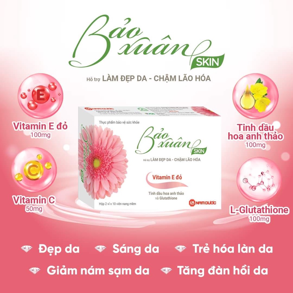 Viên Uống Bảo Xuân Skin, Da Trắng Bật Tone, Không Lo Bắt Nắng, Mờ Thâm Nám Hiệu Quả