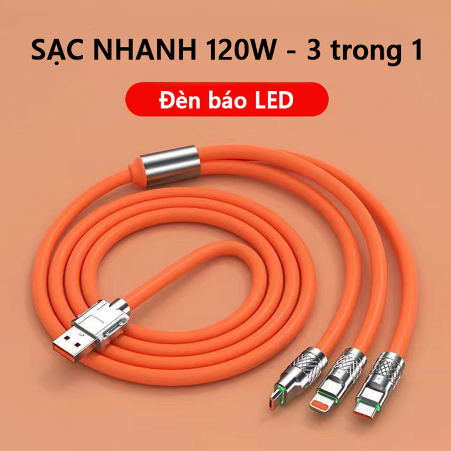 Dây cáp sạc nhanh eXtreme DS5301 cáp sạc 3 đầu 6A type C Android, Light.ning IP, Micro USB đường kính dây lớn - Hàng chính hãng