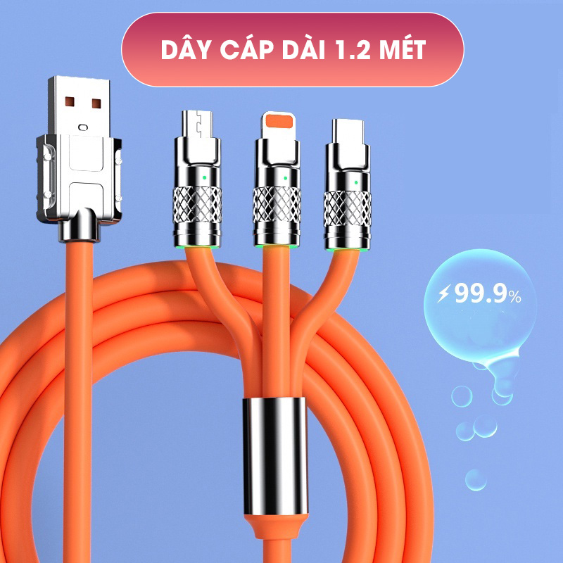 Cáp Sạc Nhanh 120W Cá Mập Bọc Thép 3 Đầu Type-C, IP, Micro Dây Silicon Dài 1.2m