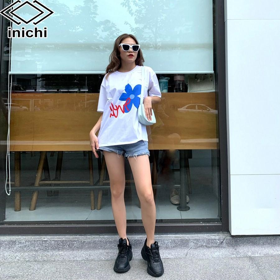 Áo thun unisex INICHI A579 tay lỡ form rộng cá tính in hình Love hoa 5 cánh