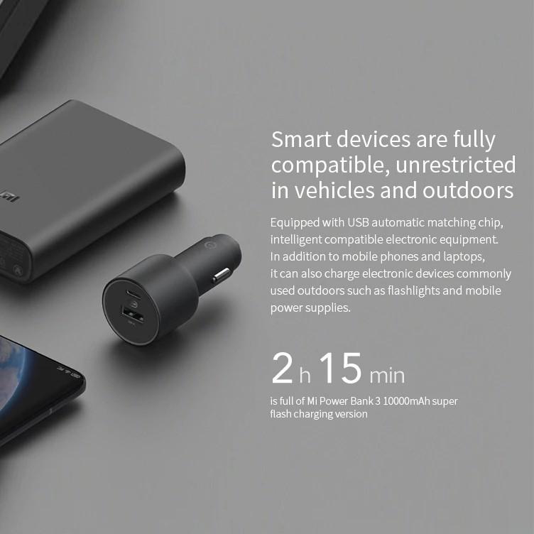 Xiaomi Tẩu sạc 1A1C hai cổng USB A USB C thông mình tương thích hoàn toàn màn hình đèn 100WHàng chính hãng