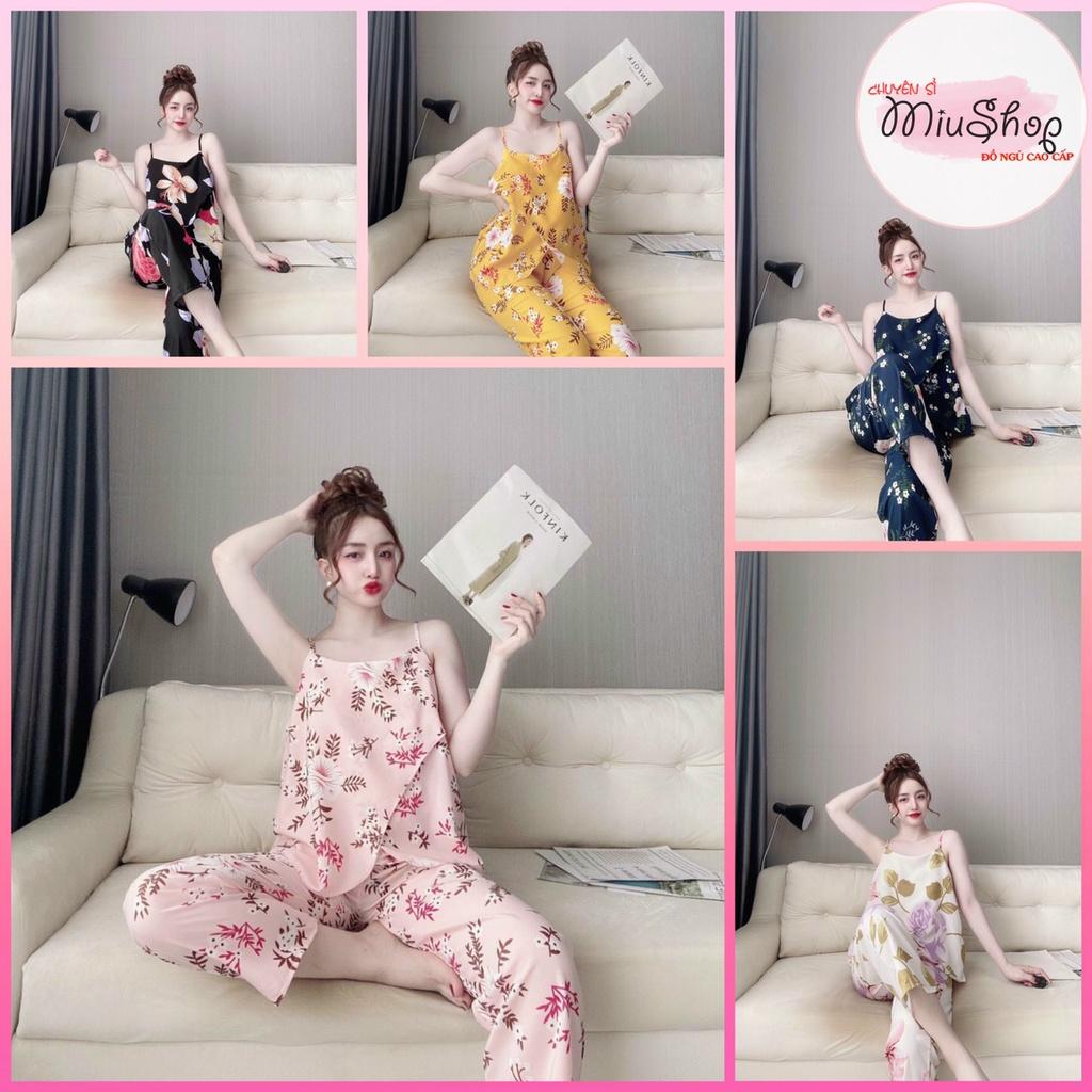 Sét đồ ngủ lụa hàn 2 tà quần dài dễ thương Đồ bộ giá rẻ Freesize