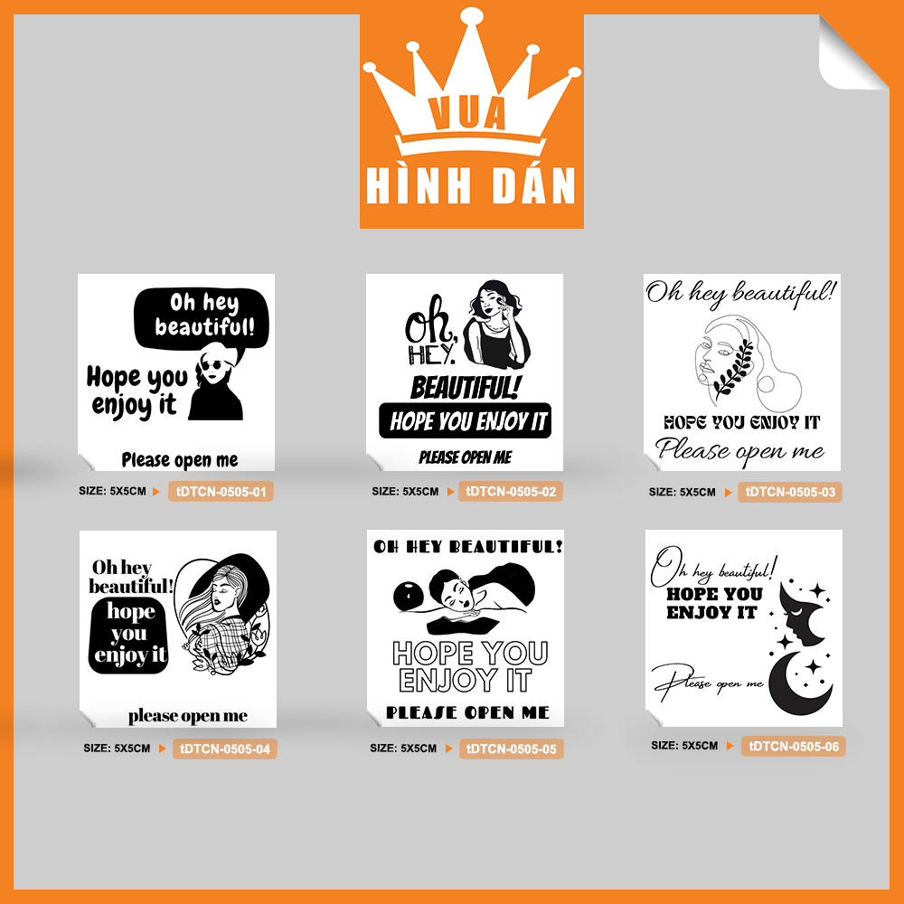 Set 50/100 sticker OH HEY BEAUTIFUL! HOPE YOU ENJOY IT. PLEASE OPEN ME 5x5cm dán hộp, gói quà 1.041