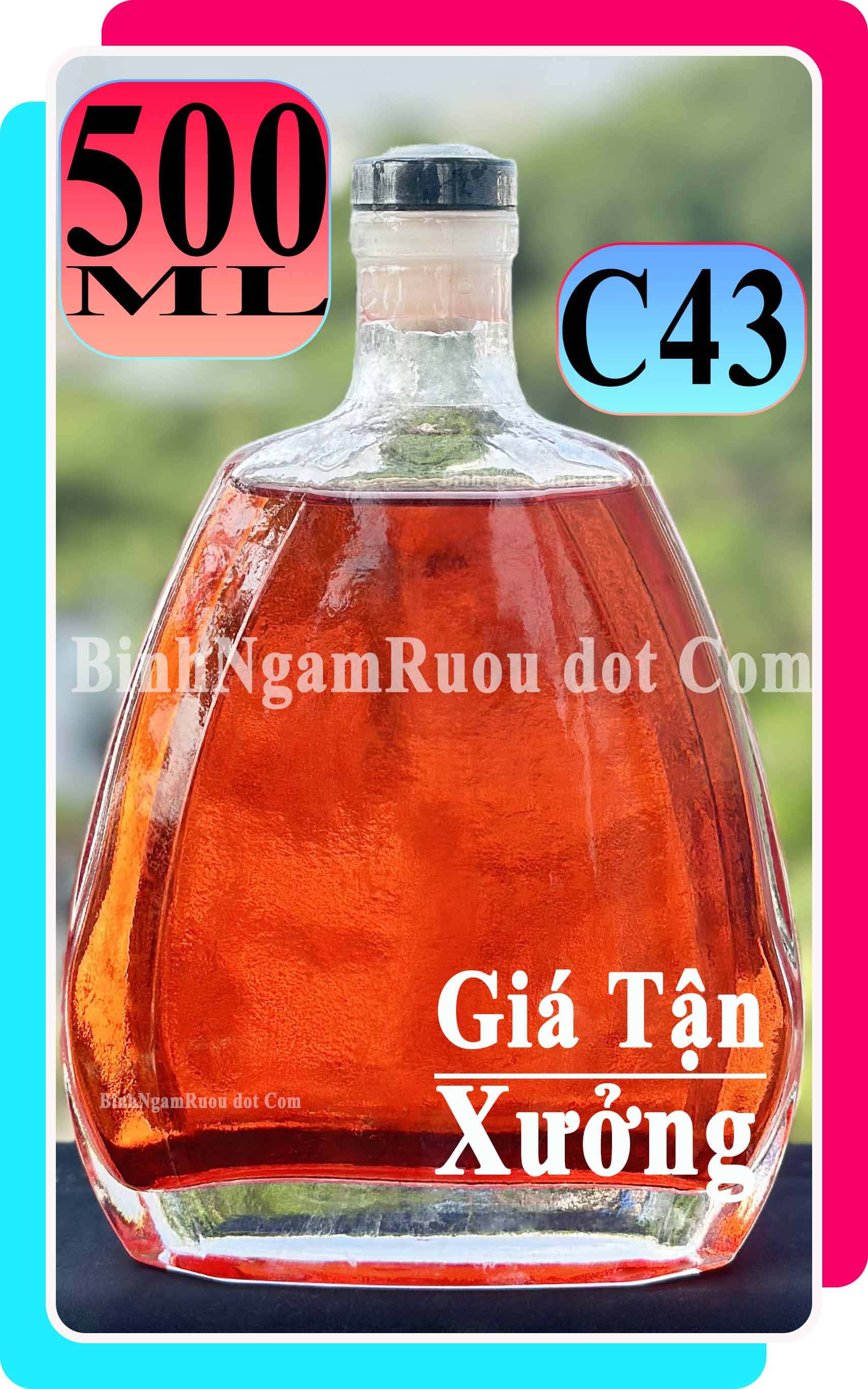 C43 Chai Đựng Rượu Thủy Tinh Hình Trụ lục giác Cao Cấp 500ml - Đẹp Cao Cấp - Nắp Kín Thủy Tinh Trong - Tặng Biếu Sang Trọng