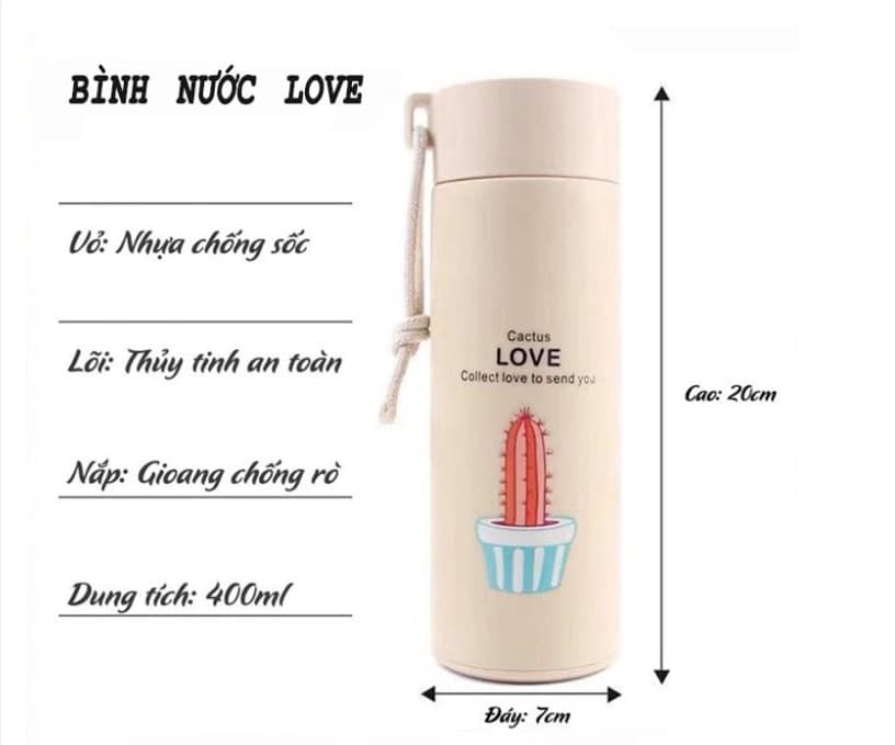 BÌNH NƯỚC THỦY TINH BỌC NHỰA CHỮ LOVE 400ML – HỌA TIẾT MÀU NGẪU NHIÊN - HENRYSA