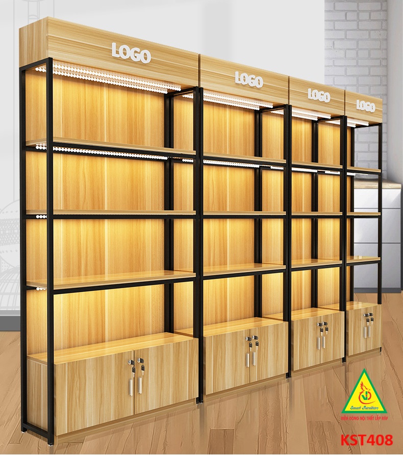 Kệ trưng bày sản phẩm, hàng hóa , kệ trang trí khung sắt mặt gỗ KST408 - Nội thất lắp ráp Viễn Đông Adv