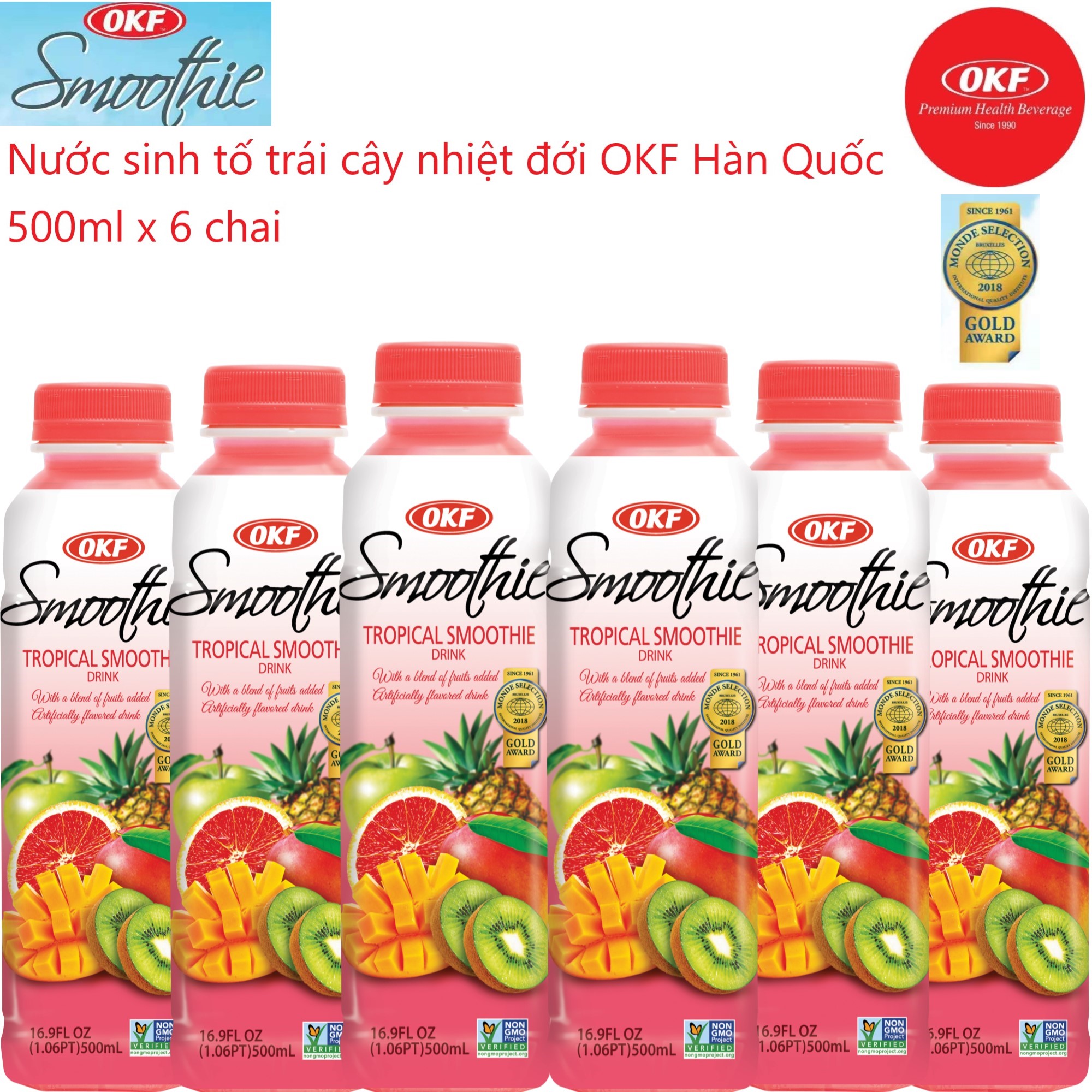 Nước sinh tố trái cây nhiệt đới (DỨA - CAM - TÁO - KIWI) OKF Hàn Quốc 500ml x 6 chai