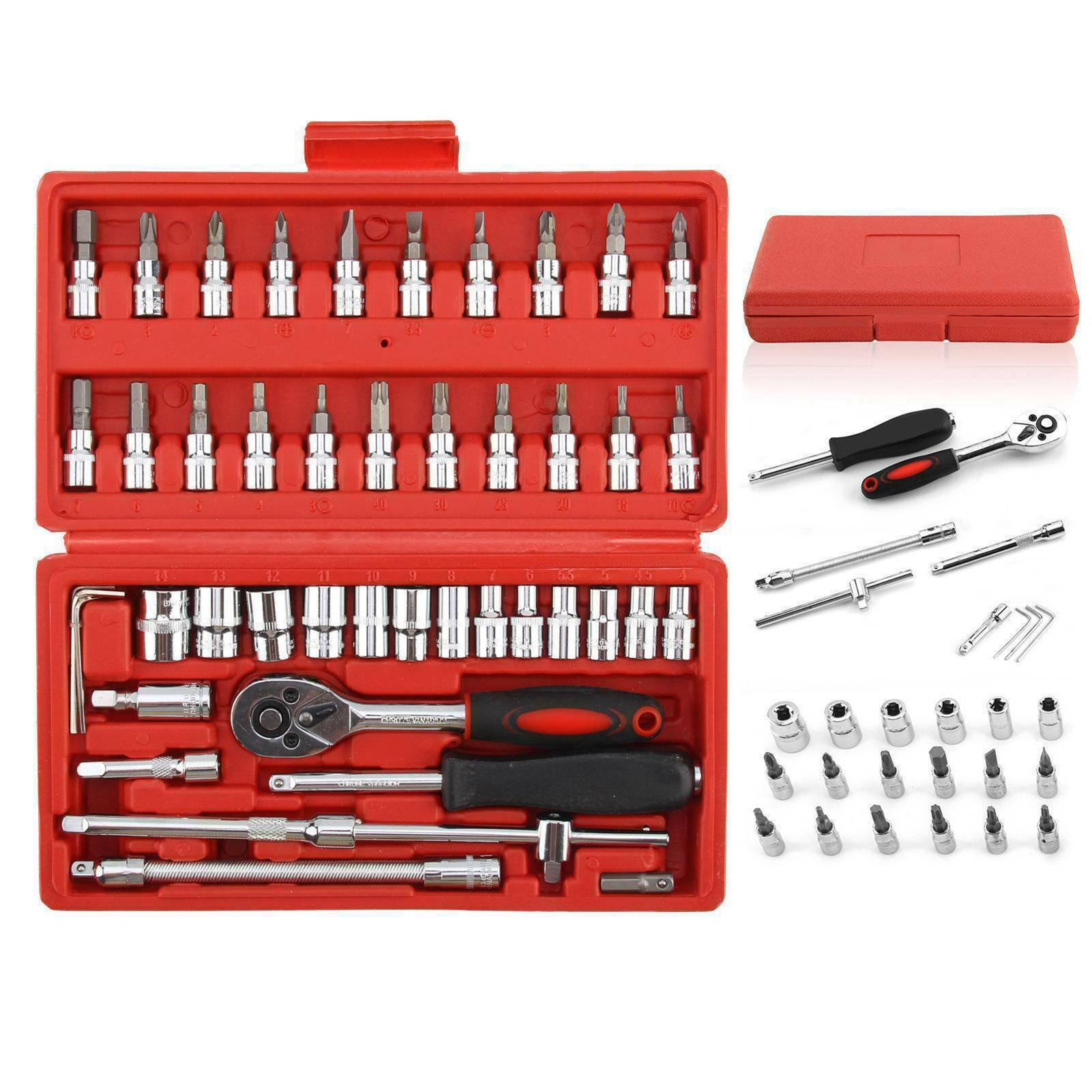 46Pcs Ratchet Wrench Socket Tools Set Metric 1/4'' Drive Screwdriver with Box
