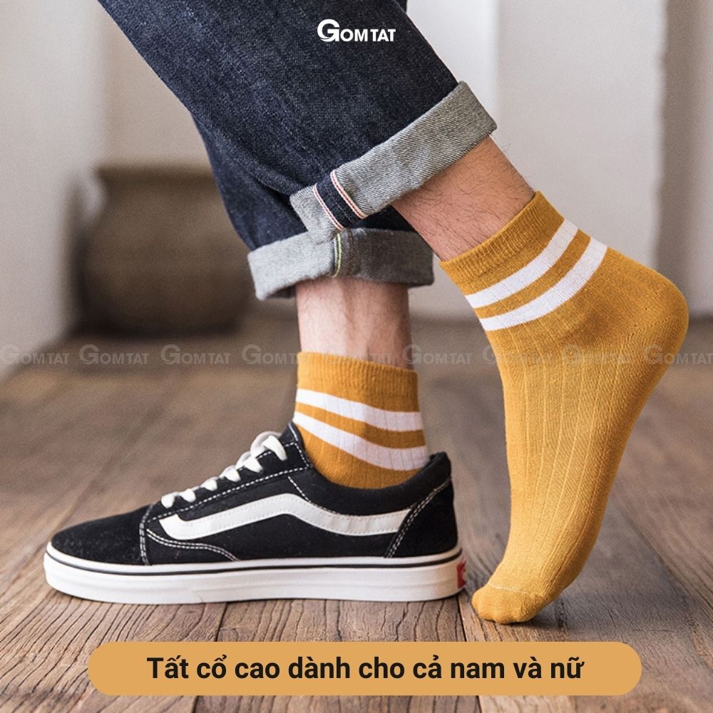 Combo 10 đôi Vớ Cổ Cao Unisex Cotton Dày dặn, Tất Cao Cổ Nam Nữ Họa Tiết Cổ 2 Sọc Ngang - CB202