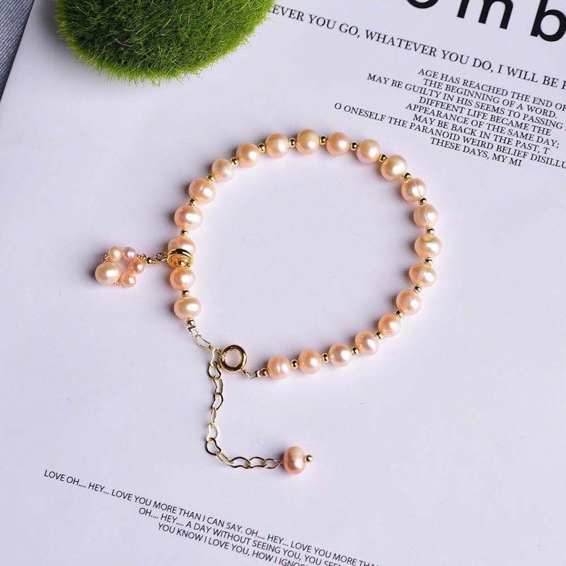 Vòng Tay Ngọc Trai Hạt 7ly Màu Cam Mix Bi Titan, Vòng Tay Ngọc Trai Nước Ngọt Tự Nhiên Sang Trọng - Ngọc Trai Trường Thịnh