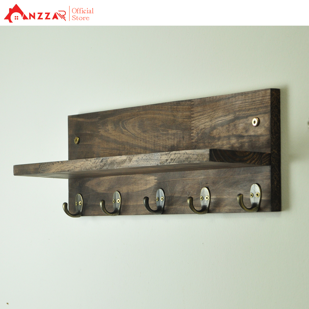 Kệ gỗ chữ L cải tiến treo đồ lưu niệm gắn tường trang trí nhiều kích thước màu nâu rustic, móc gỗ treo tường tra trí -02