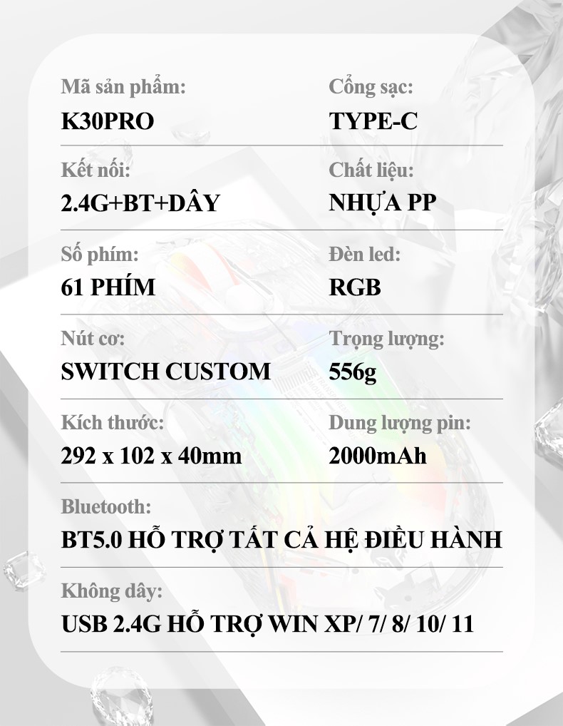 Bàn phím cơ không dây chuyên game XUNFOX K30PRO thiết kế trong suốt mới lạ kết nối 3 chế độ với 20 chế độ đèn led RGB
