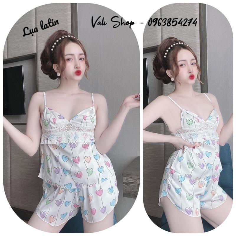 Đồ ngủ lụa latin 2 dây phối ren sexy hoạ tiết freesize 42-57kg