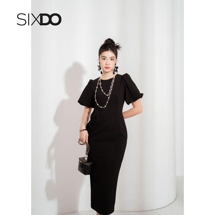 Đầm midi tay bồng xẻ nơ eo thời trang SIXDO