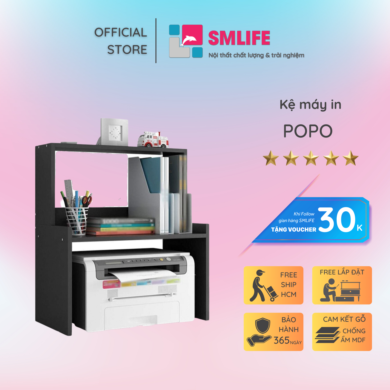 Kệ để máy in gỗ hiện đại SMLIFE Popo | Gỗ MDF dày 17mm chống ẩm | D50xR25xC53cm