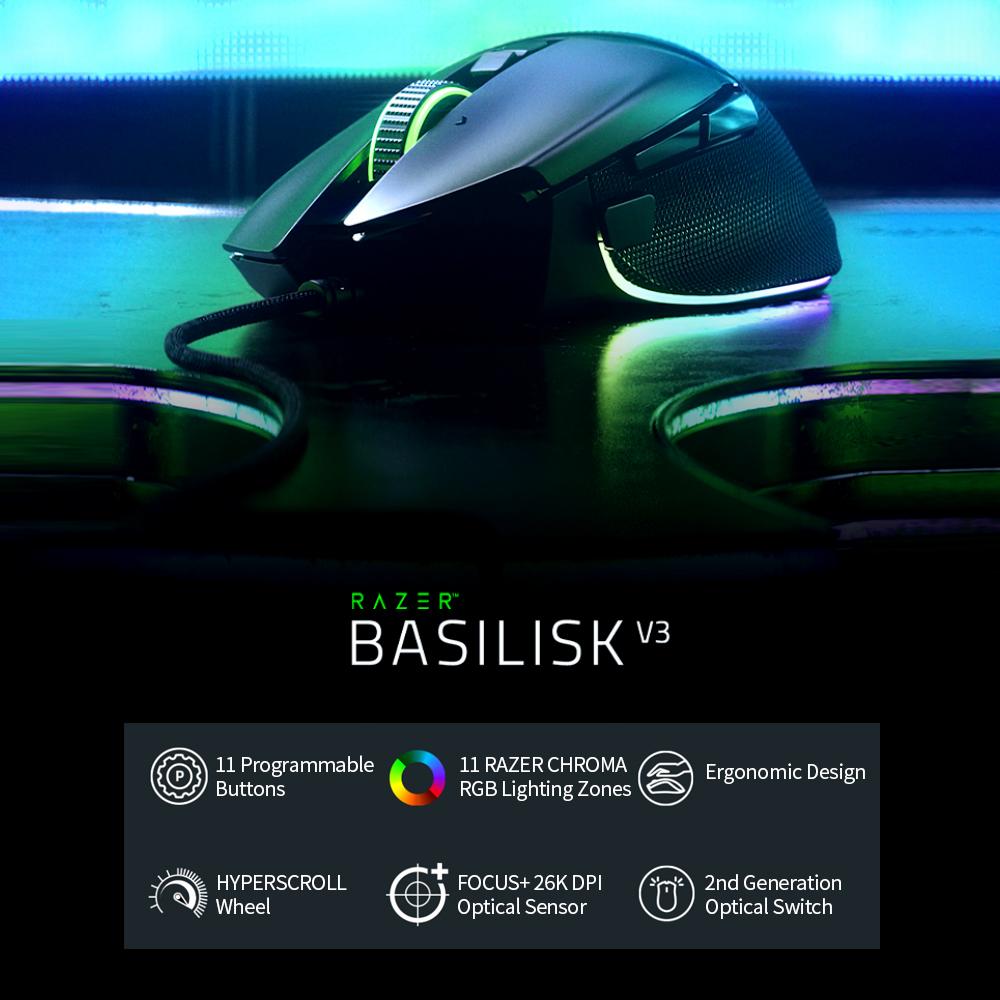 Chuột chơi game có dây RAZER Basilisk V3 Chuột công thái học với FOCUS + 26000DPI Cảm biến quang học 11 RAZER CHROMA RGB Lighting