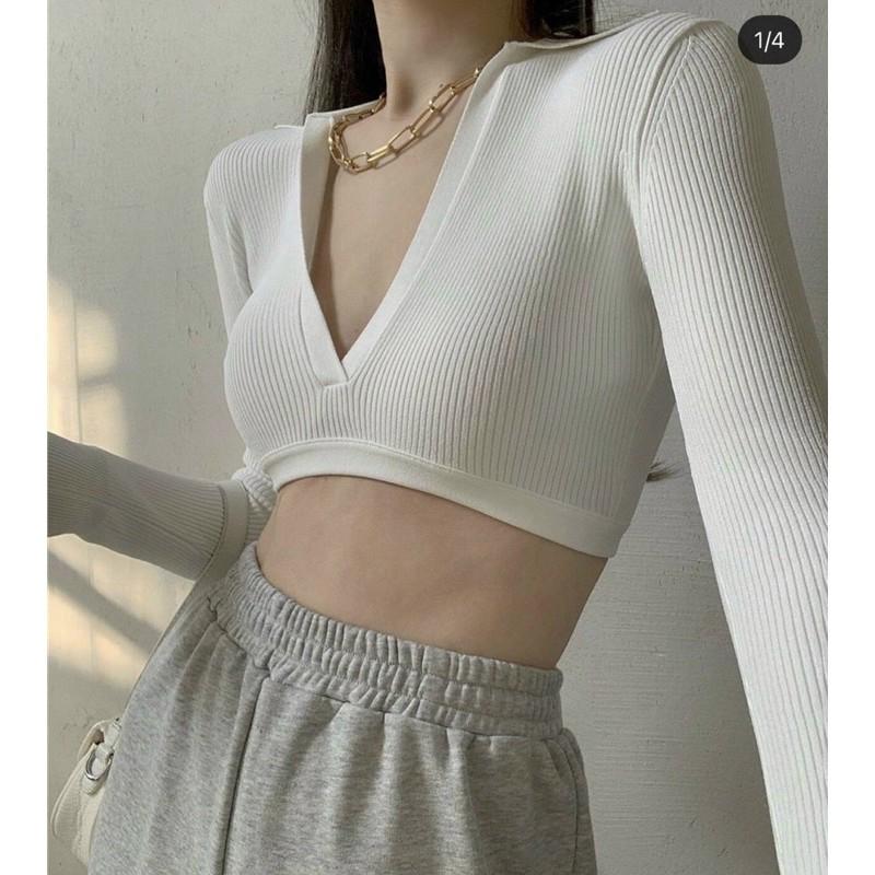 Áo croptop tay dài polo hở lưng siêu sẽy-B5N