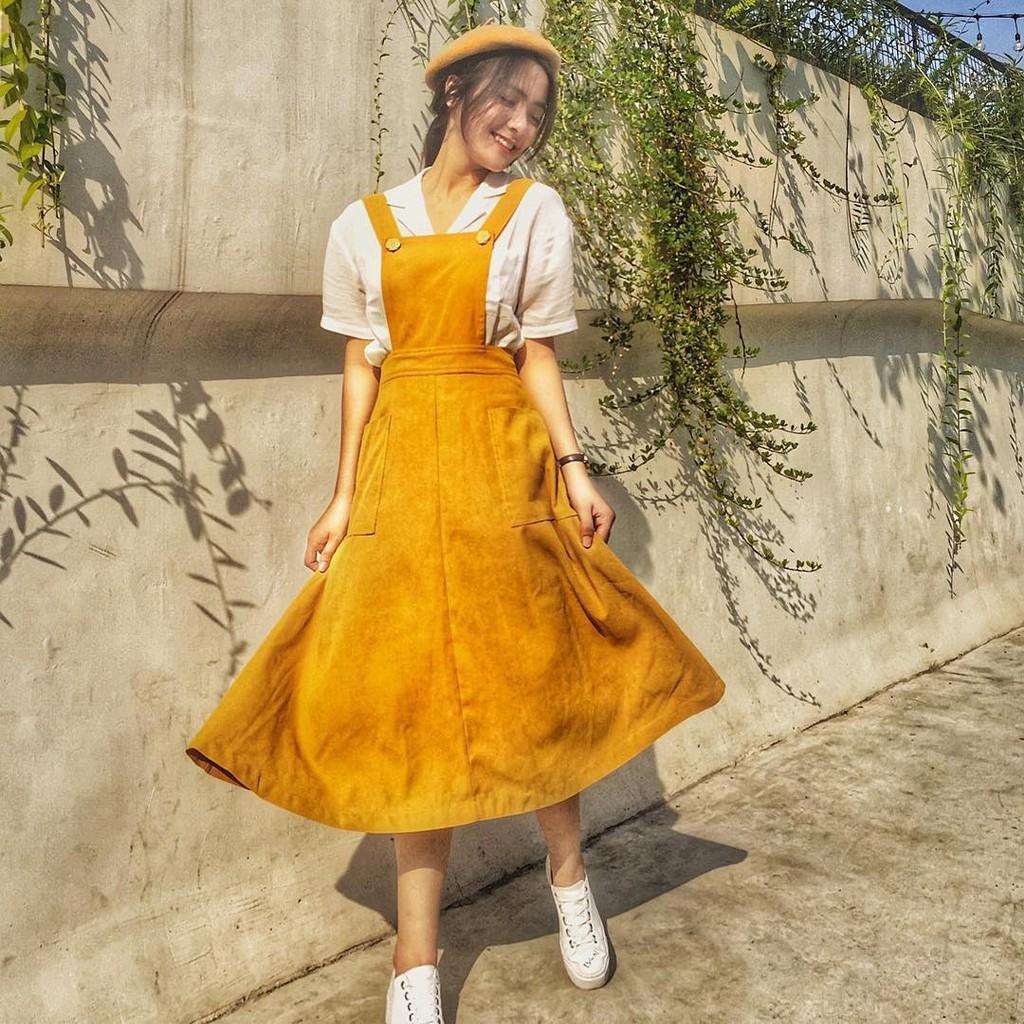 Set yếm yellow overall dress và áo sơ mi white basic