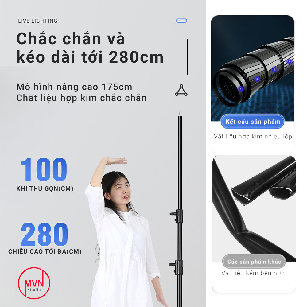 Bộ đèn studio có thể điều chỉnh ánh sáng và độ màu chụp ảnh, quay phim, Livestream chuyên nghiệp, cao 2m softbox PARABOL 75cm