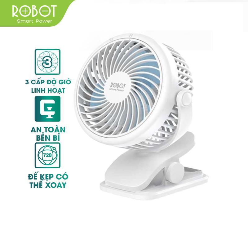 Quạt Mini Có Đế Kẹp ROBOT Dùng Pin Dung Lượng 2000mAh 3 Tốc Độ Gió Siêu Mát, Chạy Siêu Êm - Hàng Chính Hãng