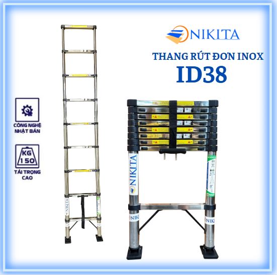 Thang inox rút đơn 3,8m chính hãng Nikita, an toàn, tiện dụng, dễ di chuyển