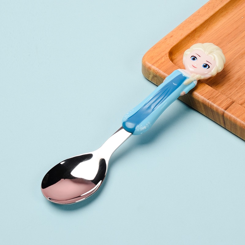 Set 3 món muỗng, đũa tập ăn inox 3D kèm hộp đựng hình Frozen màu xanh cho các bé ăn uống - 70P8NDP2189